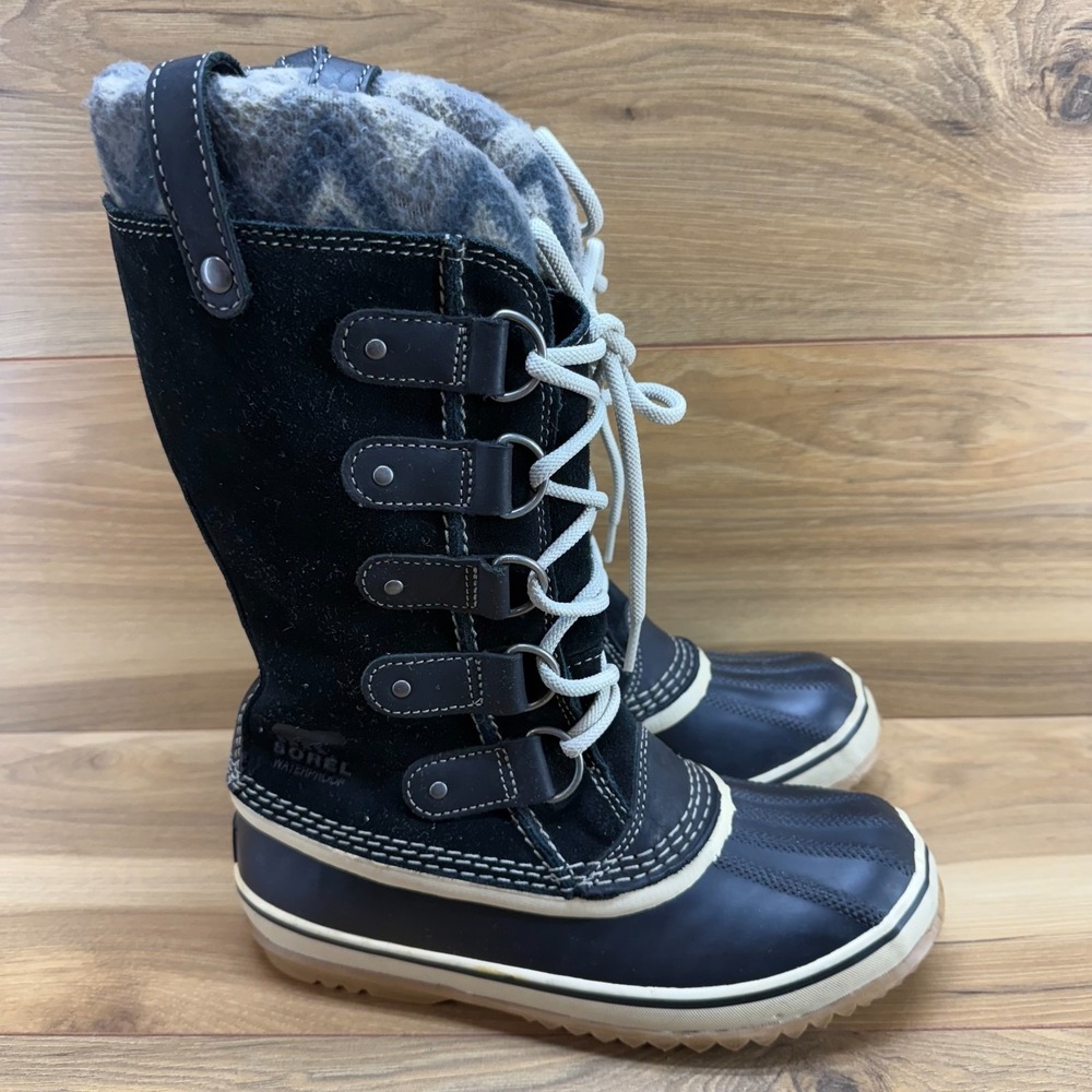 Sorel Joan Of Arctic Knit Snow Boots Womens 7 Black‎ Gray Chevron Lace Up